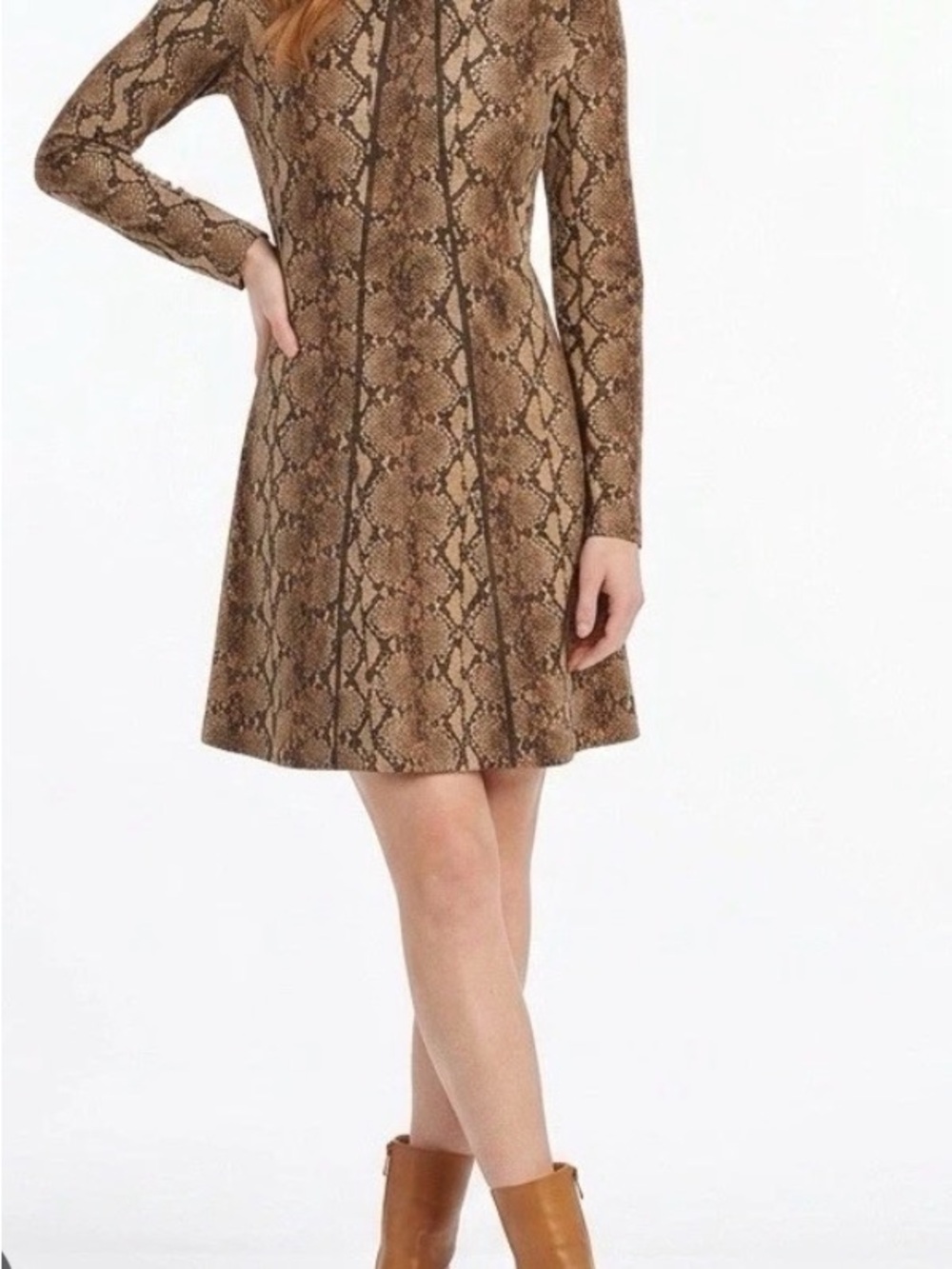 Michael Kors Brown Snake-Print Long Sleeve A-Line Dress